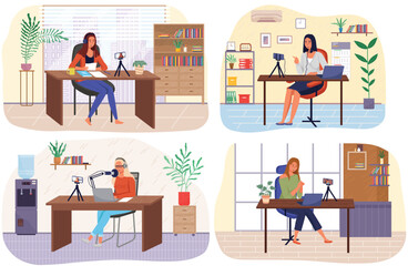 Podcaster woman character in office room interior. Girl listening audio podcast and speaking at live streaming use smartphone and laptop on her vlog. Podcaster making, blogger, technology concept