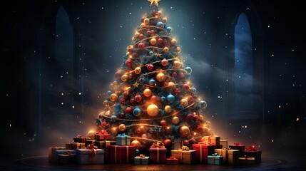 Christmas tree with lights and presents