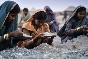 Group of old women working on the extraction of mica powder crystals in an open air mine. Working on the extraction of mica, selecting the best minerals among the rocks.