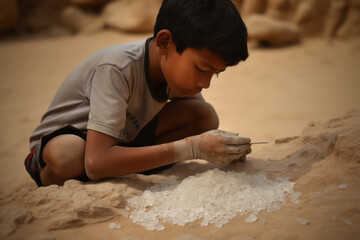 Young kid working on the extraction of mica powder crystals in an open air mine. Working on the extraction of mica, concept of child labor exploitation. - obrazy, fototapety, plakaty