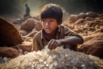 Young kid working on the extraction of mica powder crystals in an open air mine. Working on the extraction of mica, concept of child labor exploitation.