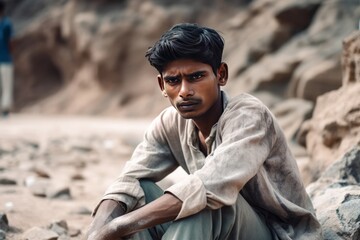 Dirty and tired young man taking a break from working in a mineral extraction mine. Working on the extraction of mica, concept of bad working conditions.