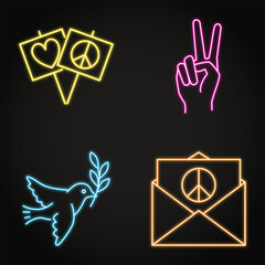 Pacifism and peace neon icon set