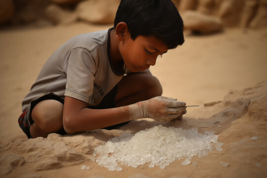 Young kid working on the extraction of mica powder crystals in an open air mine. Working on the extraction of mica, concept of child labor exploitation.