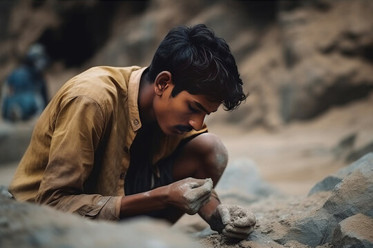 Dirty and tired young man working in a mineral extraction mine. Working on the extraction of mica, concept of bad working conditions.