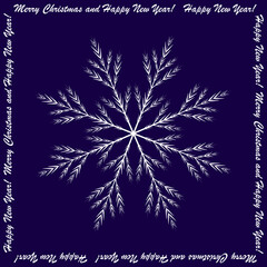 Large white snowflake on a dark blue background with a frame of wishes written in white letters. Winter vector illustration.