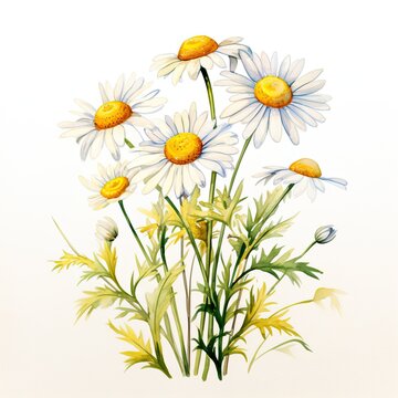 Colorful watercolor daisy flowers illustration on a white background. Generative AI