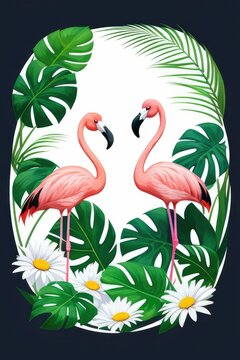 flamingo and tropical leaf decorative design, created with Generative AI technology © HalilKorkmazer
