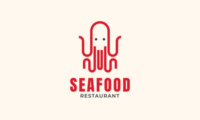 Red octopus outline seafood logo design