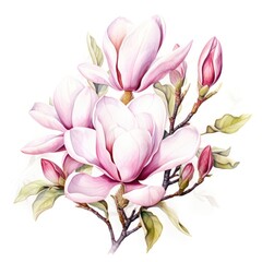 Colorful watercolor magnolia flowers on a white background. Generative AI
