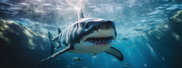 Obraz premium Great White Shark swims in the ocean near the reef. undersea world. close up shot. generative ai, ai, generative