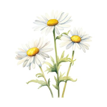 Colorful watercolor daisy flowers illustration on a white background.