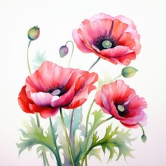 Obraz premium Colorful watercolor poppy flowers illustration on a white background. Generative AI