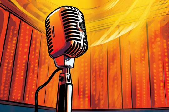 Retro style microphone on a stage with comic background (Ai generated)