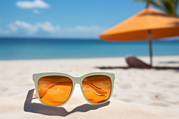 Sunglasses on sandy beach in summer. Generative AI
