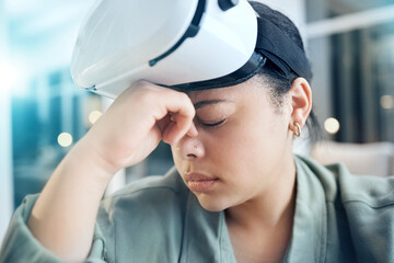 Woman in virtual reality headset with headache, pain and dizzy from gaming or working in future technology. Stress, exhausted eyes and tired girl with vr glasses, fatigue and vision problem in office