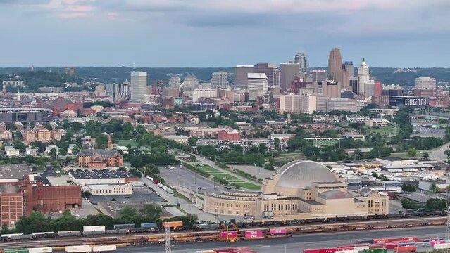 Cincinnati Downtown aerial view on twinlight, Unio Terminal in the background