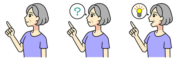 A set of a senior woman pointing up with her finger