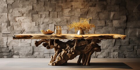 Rustic table made from solid natural aged wood slab on stones rubbles. Interior design of modern dining room with wild stone wall.
