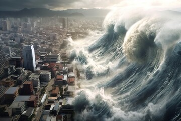 A dramatic tsunami about to arrive to the city. A giant wave causing flood in the coast. Concept: Climate change disaster. Generative ai - obrazy, fototapety, plakaty