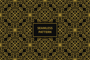 seamless pattern with floral ornaments in gold color on a black background, vector seamles pattern