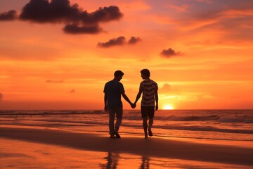 A gay romantic couple, two men, walks in the beach at sunset. Concept: The best romantic plan for your honeymoon or saint valentine's day. Generative ai