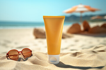 Sunscreen lotion, sunglasses on sandy beach as background. Generative AI - obrazy, fototapety, plakaty