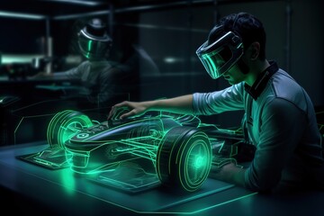 An engineer designing a f1 car using augmented reality and viewing the car as a projection or hologram in high-tech laboratory. Concept: The future of designing and engineering. Generative ai.