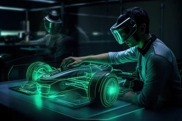 Foto auf Acrylglas F1 An engineer designing a f1 car using augmented reality and viewing the car as a projection or hologram in high-tech laboratory. Concept: The future of designing and engineering. Generative ai.
