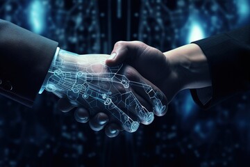 Virtual deal. Businessman and businesswoman shaking hands with effect global network link connection. Concept: Online partnership. Generative ai.