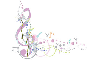 Abstract musical design with a treble clef and colorful splashes, notes and waves.  Colorful treble clef. Hand drawn vector illustration. - 620251242