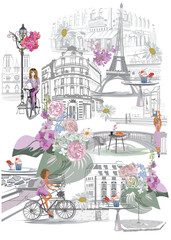 Set of Parisian symbols with the Eiffel tower, fashion girls and  lettering Bonjour,   fashion girls in hats, architectural elements. Hand drawn vector illustration. © Anna Laifalight