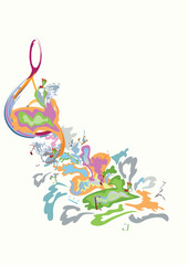 Abstract musical design with a treble clef and colorful splashes, notes and waves.  Colorful treble clef. Hand drawn vector illustration.