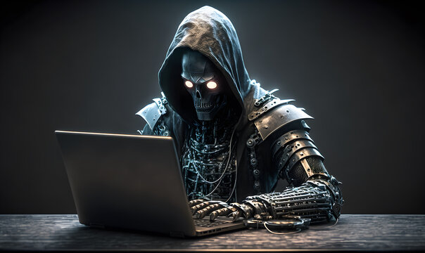 Anonymous robotic hacker. Concept of hacking cybersecurity, cybercrime, cyberattack. AI generated