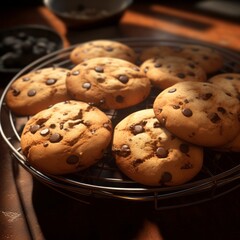 Food bakery bake biscuit photography - Cookies with chocolate pieces, on dark table background, square (Generative Ai)
