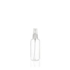 Transparent cosmetic bottle container with transparent spray pump on white background. Packaging of antiseptic. Template of a bottle for cosmetics and medical products.