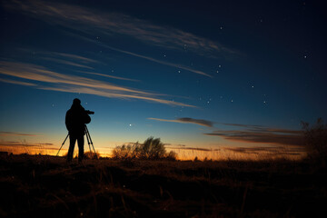 Capturing the Magic: Silhouette of a Photographer with a Tripod Photographing the Evening Dusk and Mesmerizing Sunset

