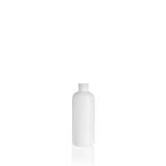 White cylindrical medium PEHD bottle container on white background. Template of a bottle for cosmetics and medical products.