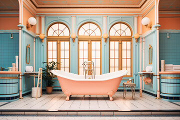 Generative AI. visual style in pink blue colors bathroom in retro style. vintage aesthetics of the 60s