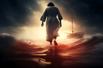 Jesus Christ walking towards the boat in the evening. AI generated - Powered by Adobe
