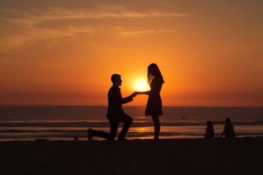 Silhouette of a couple in love in which the man asks the woman on his knees to marry him during a beautiful sunset on the beach. Concept of marriage proposal.