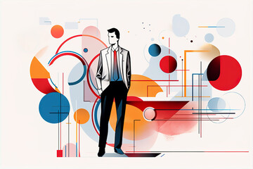 man in suite business concept, colorful line illustration, precise lines and contour background