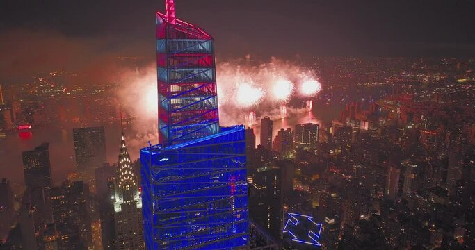 Incredible aerial view of Macy's 4th of July Fireworks show in NYC from Top of Vanderbilt One Building in Manhattan