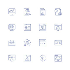 Seo line icon set on transparent background with editable stroke. Containing analytics, browser, cloud service, cloud, code, encryption, error, eye, fast.