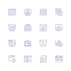Seo line icon set on transparent background with editable stroke. Containing error, adware, article, backlink, bar chart, binary code, browser, caution, chart, coding, content strategy, web.