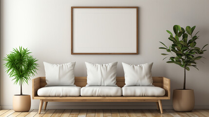 Fototapeta premium Wooden bench and blank poster frame. Generative Ai