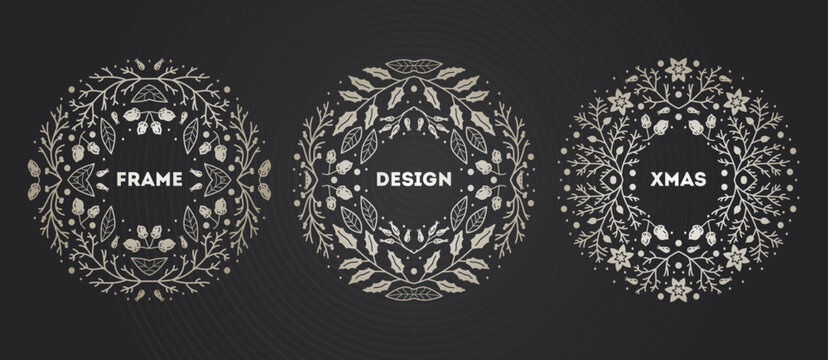 Luxury Christmas frame set, abstract sketch winter floral design templates. Geometric monochrome square, holly backgrounds with fir tree. Use for package, branding, decoration, banners