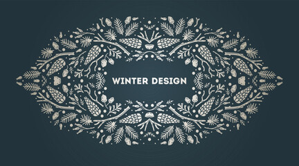 Luxury Christmas arabesque frame, abstract sketch winter floral design templates. Geometric monochrome square, holly backgrounds with fir tree. Use for package, branding, decoration, banners