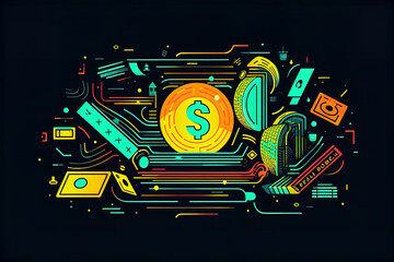 Golden dollar coin and other currency, financial trading illustration background