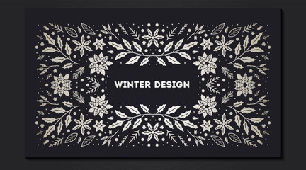 Luxury Christmas frame, abstract sketch winter floral design templates for xmas products. Geometric monochrome square, holly silver backgrounds with fir tree. Use for package, branding, decoration,